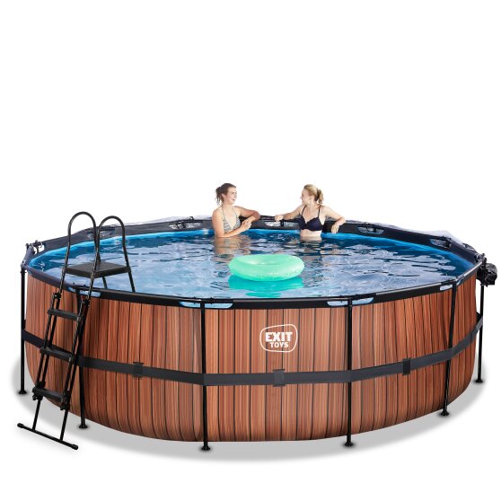 EXIT Wood pool ø450x122cm with sand filter pump and dome and heat pump - brown