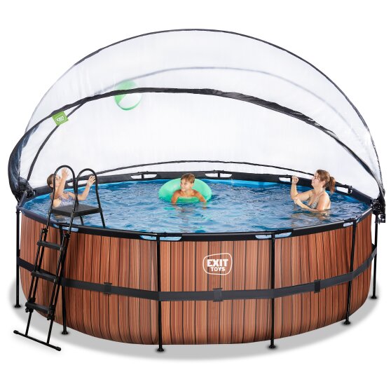 EXIT Wood pool ø450x122cm with sand filter pump and dome - brown